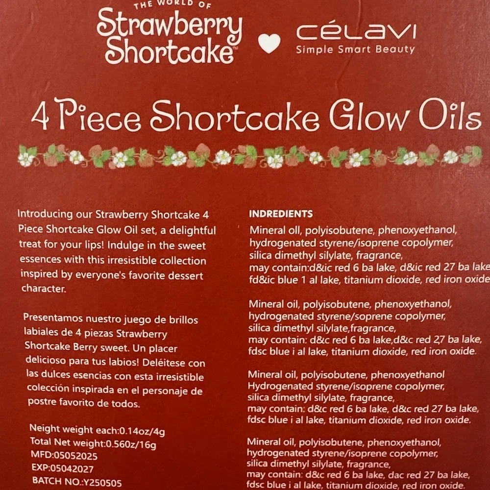 Strawberry Shortcake Celavi Lip Oil Set 4pc Gloss Moisturizing New Sealed
